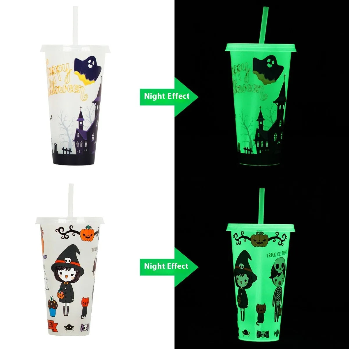 720ml Halloween luminous straw cup in cylindrical shape with PP plastic construction