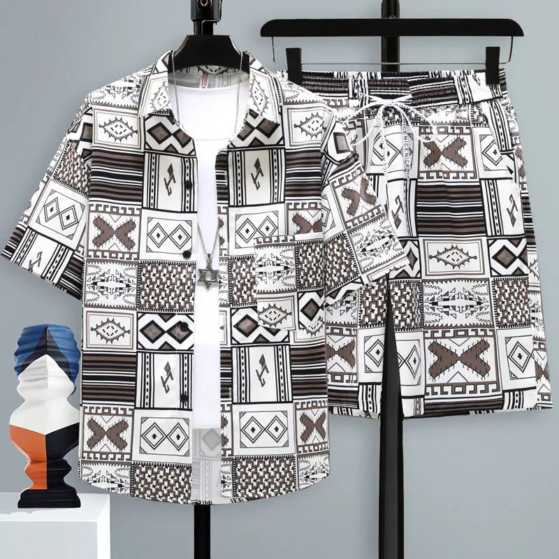 Men's casual sports two-piece set with short-sleeve top and matching shorts