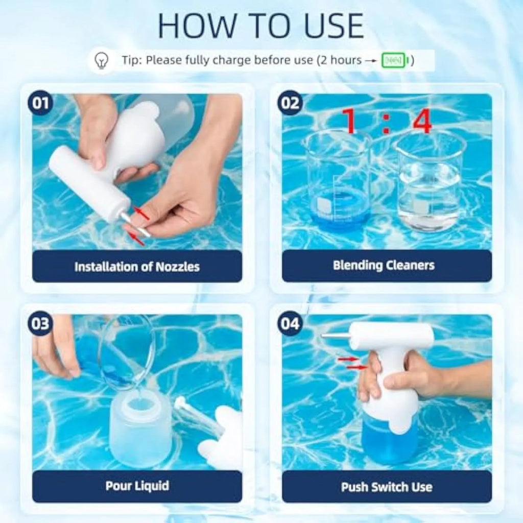 White electric foam soap dispenser for pet bathing with USB cable and two nozzles.