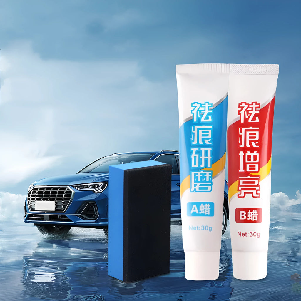 Car repair wax kit containing scratch removal A wax, brightening B wax, and frosted sponge applicator for automotive paint