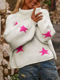 White women's turtleneck pullover sweater with five-pointed star pattern on imitation velvet fabric