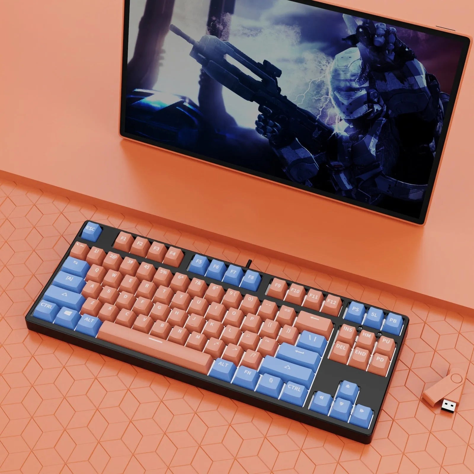 87-key wired mechanical gaming keyboard with hot-swappable switches shown in a two-tone colour scheme on a metal chassis.