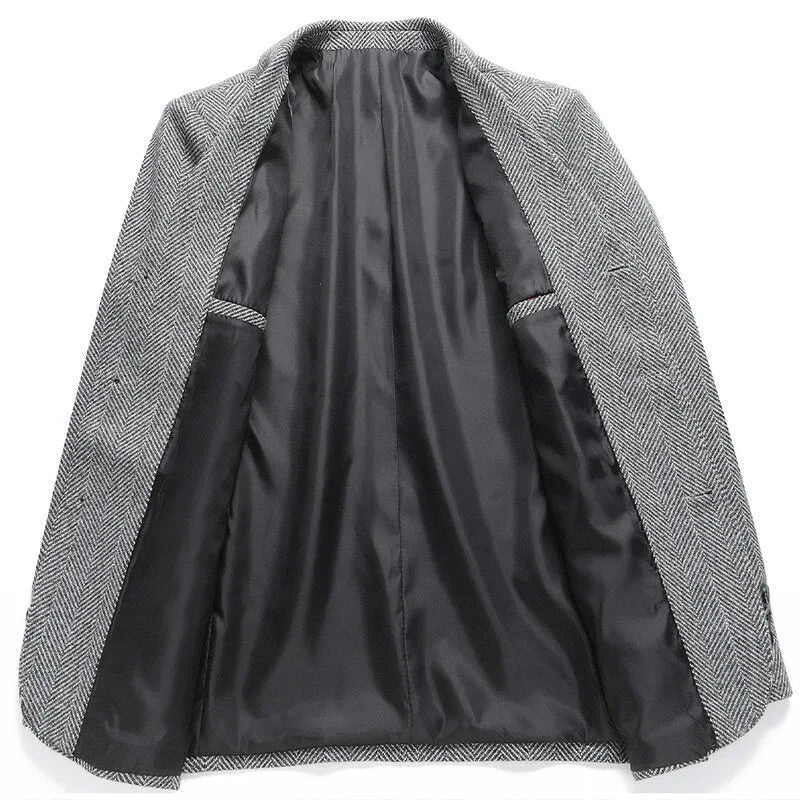 Men's solid colour loose fit woolen coat in polyester for spring and autumn.