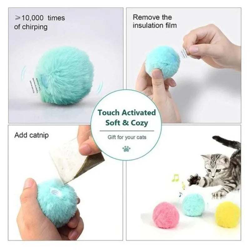 55mm diameter interactive cat toy ball in blue, pink, or yellow colours with animal sound effects