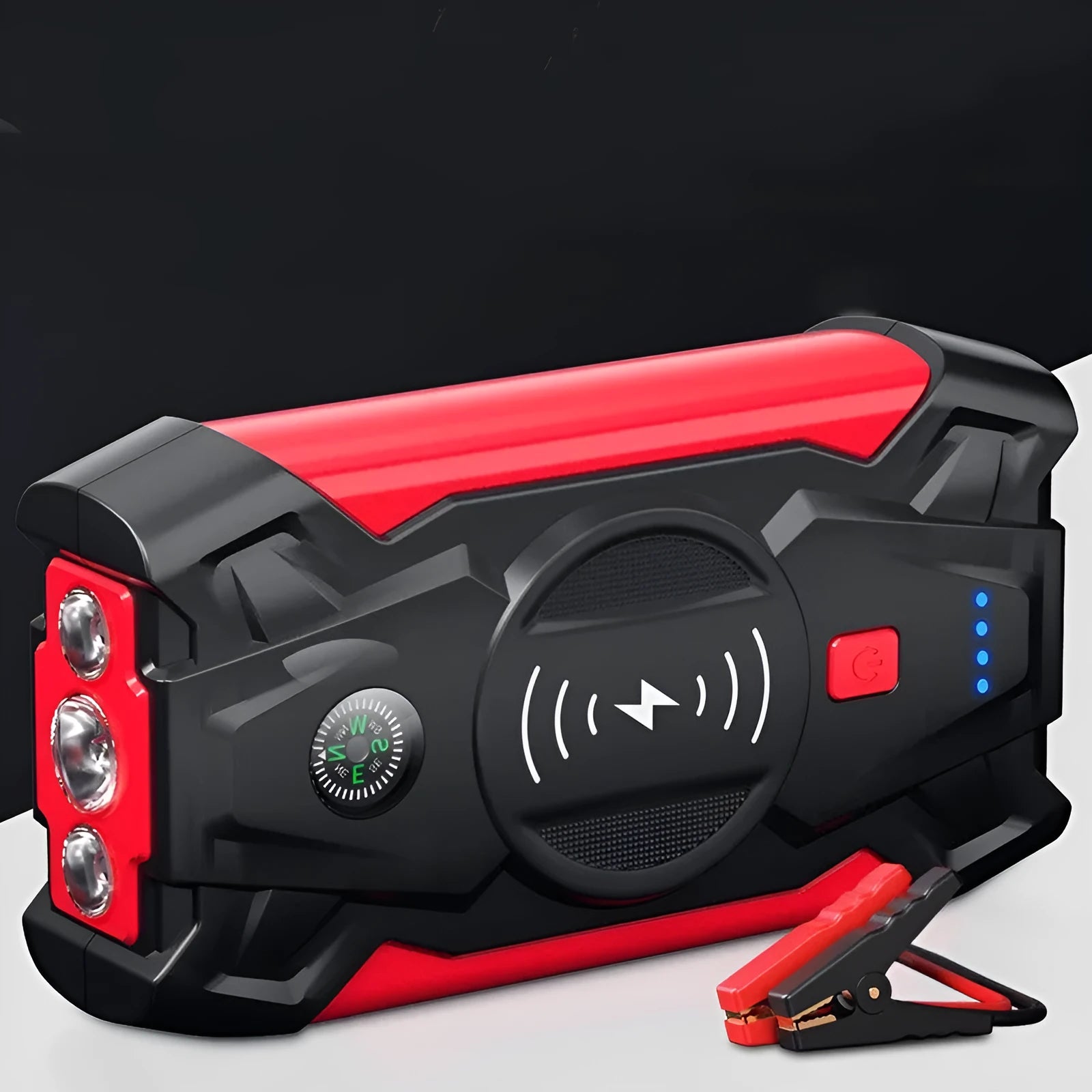 Red car emergency jump starter power bank with digital display and jumper cables
