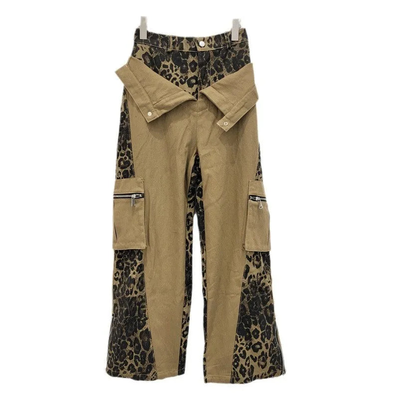 Women's dark khaki high waist straight leg jeans with a leopard print pattern and tooling style stitching detail.