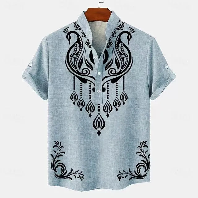Men's striped loose-fit casual shirt on a hanger, showing button front and sleeve detail.