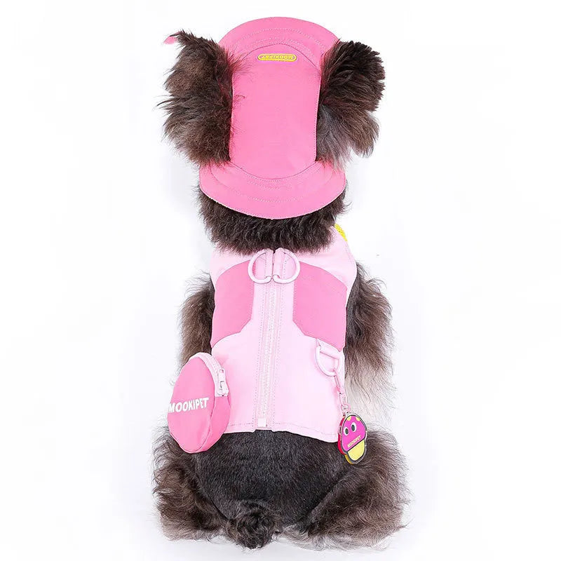 Pink polyester pet vest for small dog breeds on mannequin showing harness design