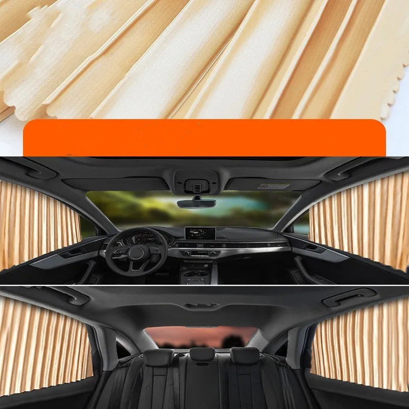 Retractable car sunshade curtain in black colour showing roller shutter mechanism
