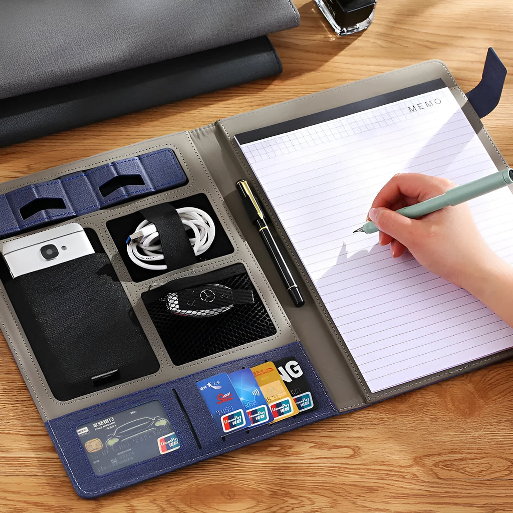 Leather A4 business folder in black with optional pen and notepad accessories