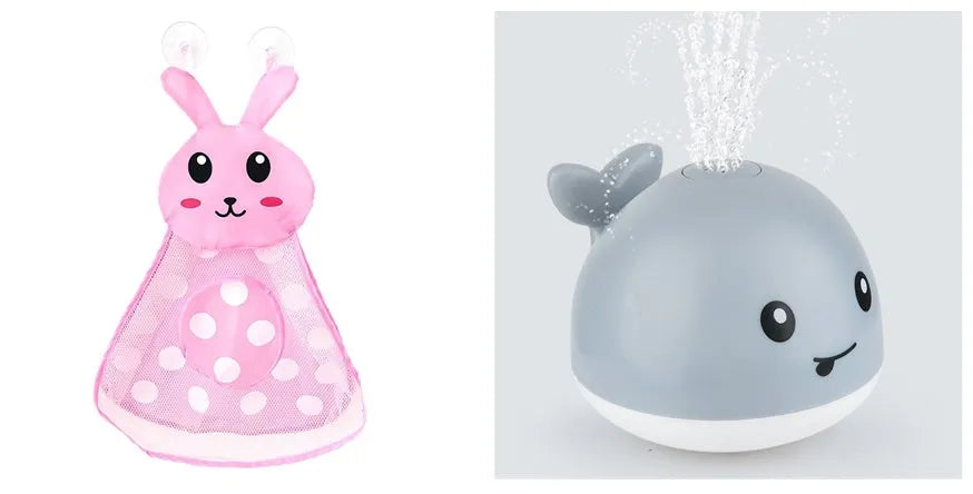 White and blue whale-shaped bath toy with water spray and LED lights floating in water