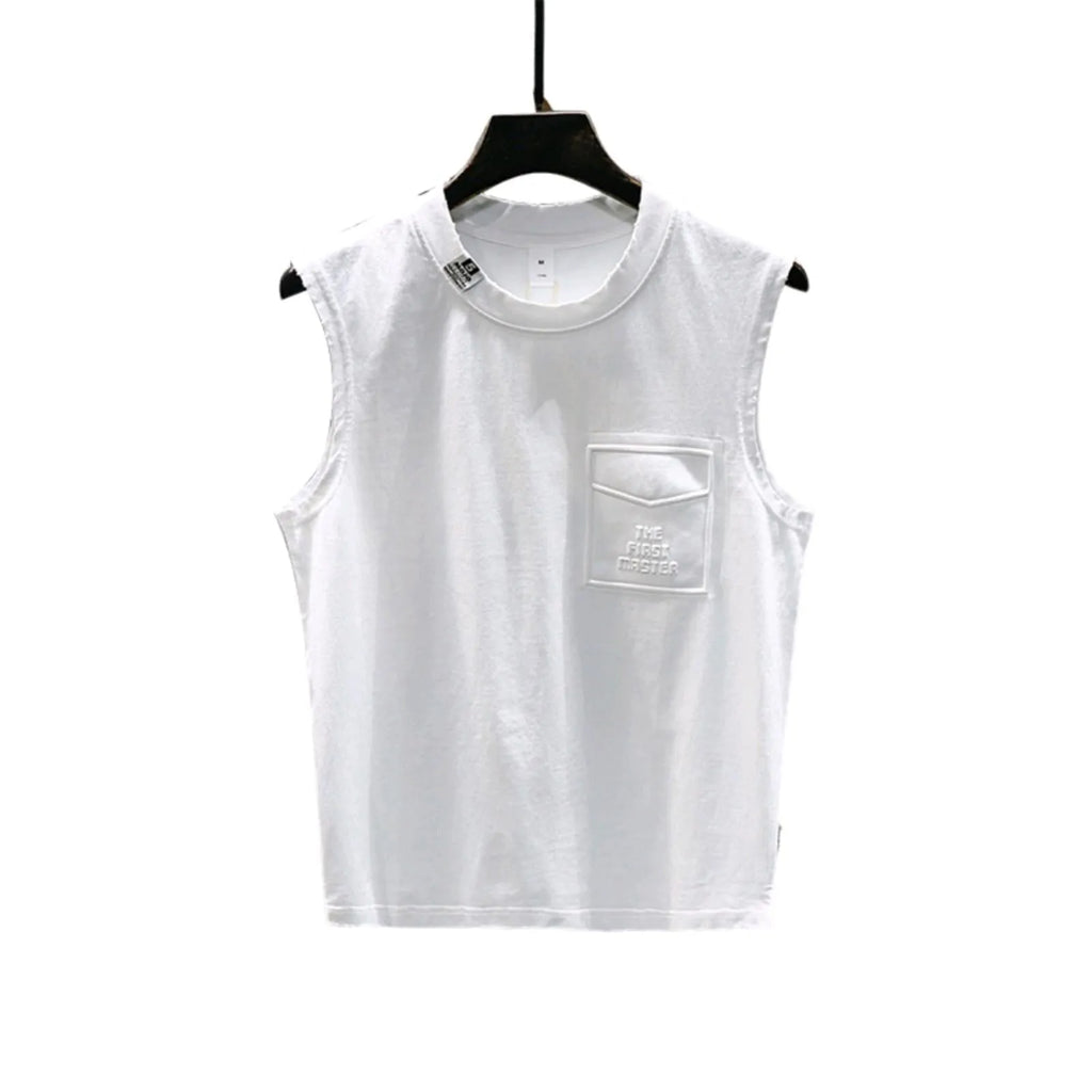A black loose-fit cotton sleeveless t-shirt with a straight hem, laid flat.
