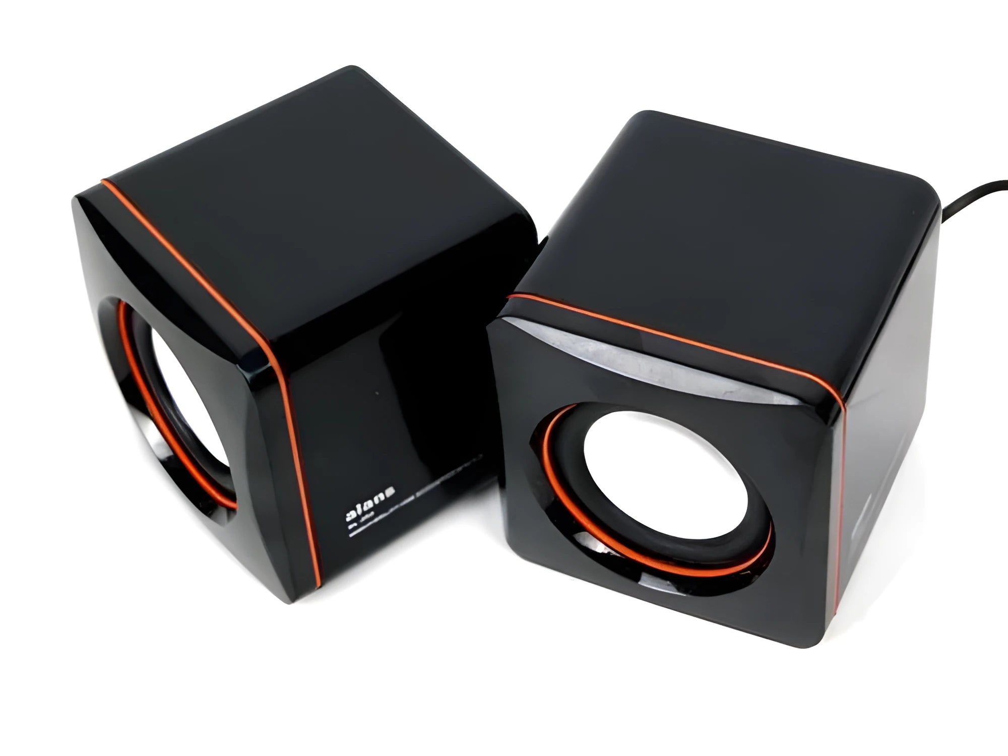 Small black square USB-powered computer speaker for desktop audio enhancement