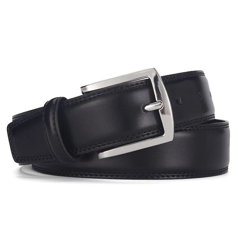 Men's genuine leather belt with alloy pin buckle in classic black showing length measurement and two-layer cowhide construction