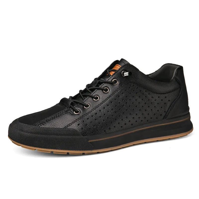 Men's white and black matte leather casual shoes with flat heels and round toes, showing hollow-out and fleece-lined style options.
