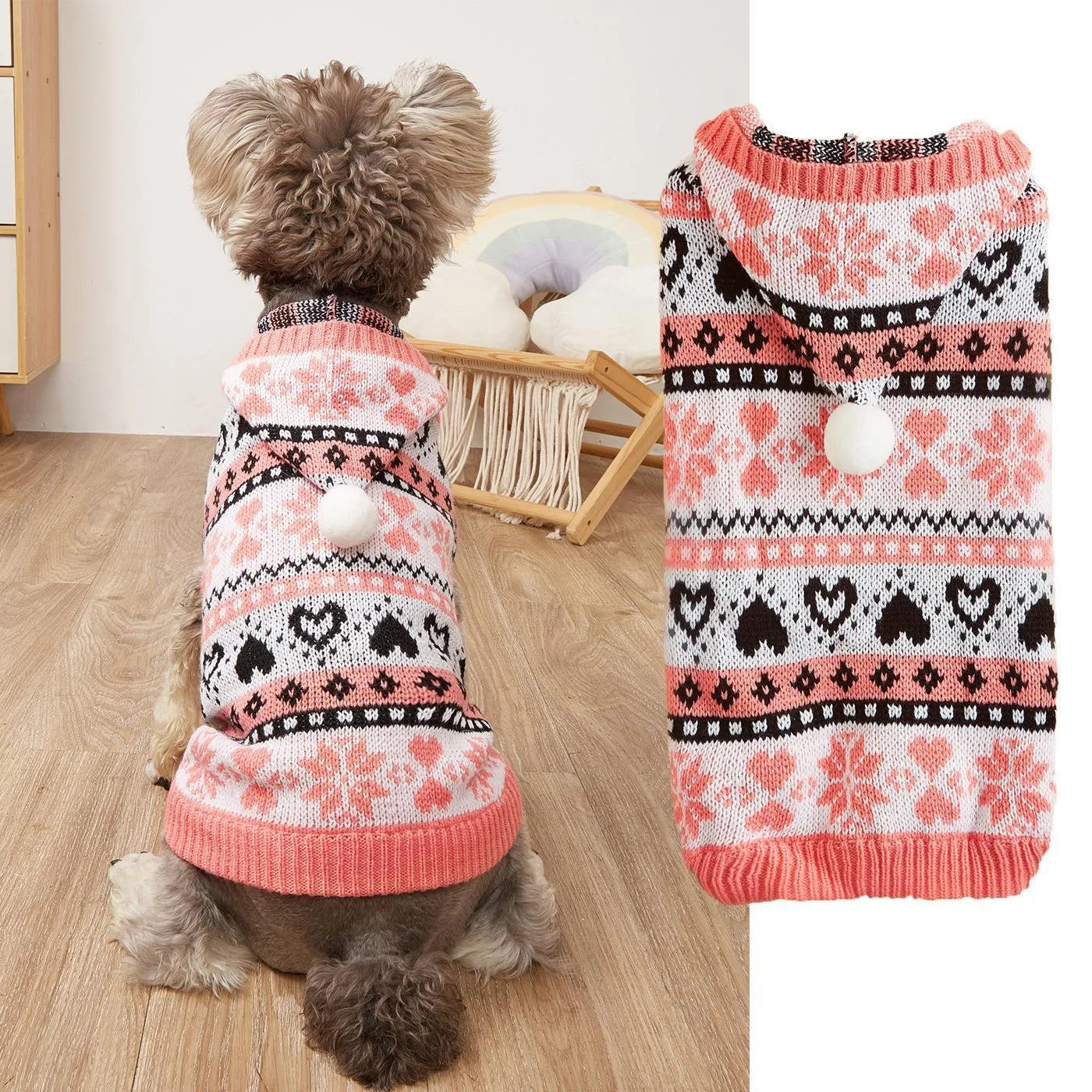 Striped pink blue grey knitted dog sweater with snowflake and camouflage patterns for small Bichon breed.