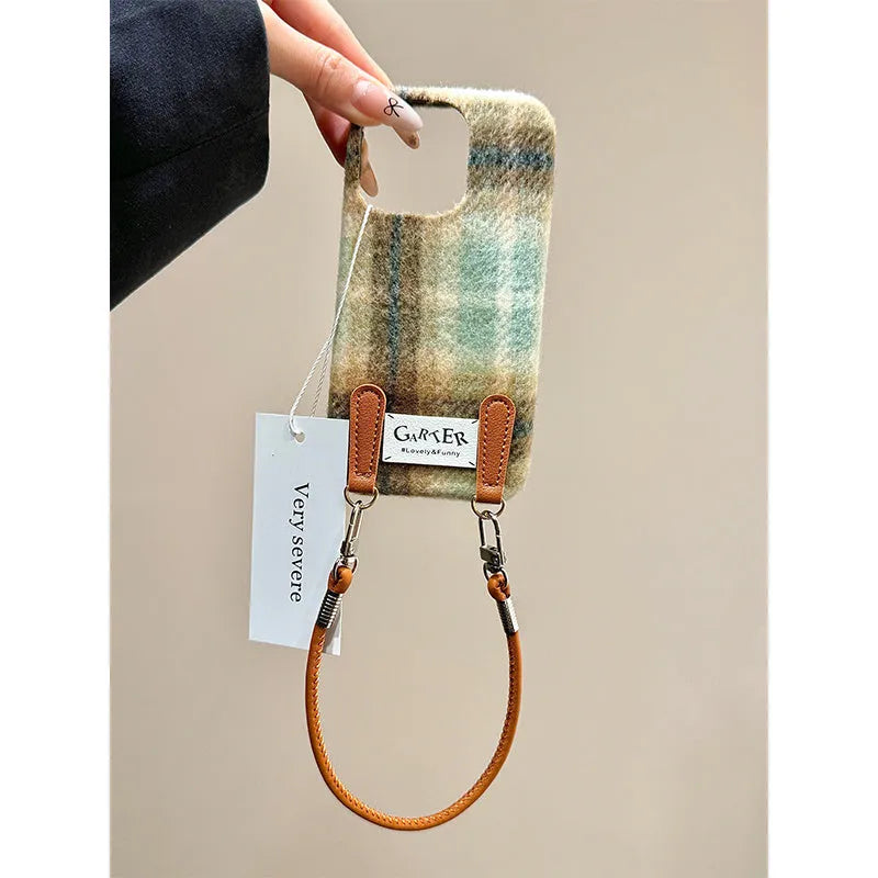 Fleece flannel plaid phone case with wristband for iPhone 13-16 series, half-pack embossed design