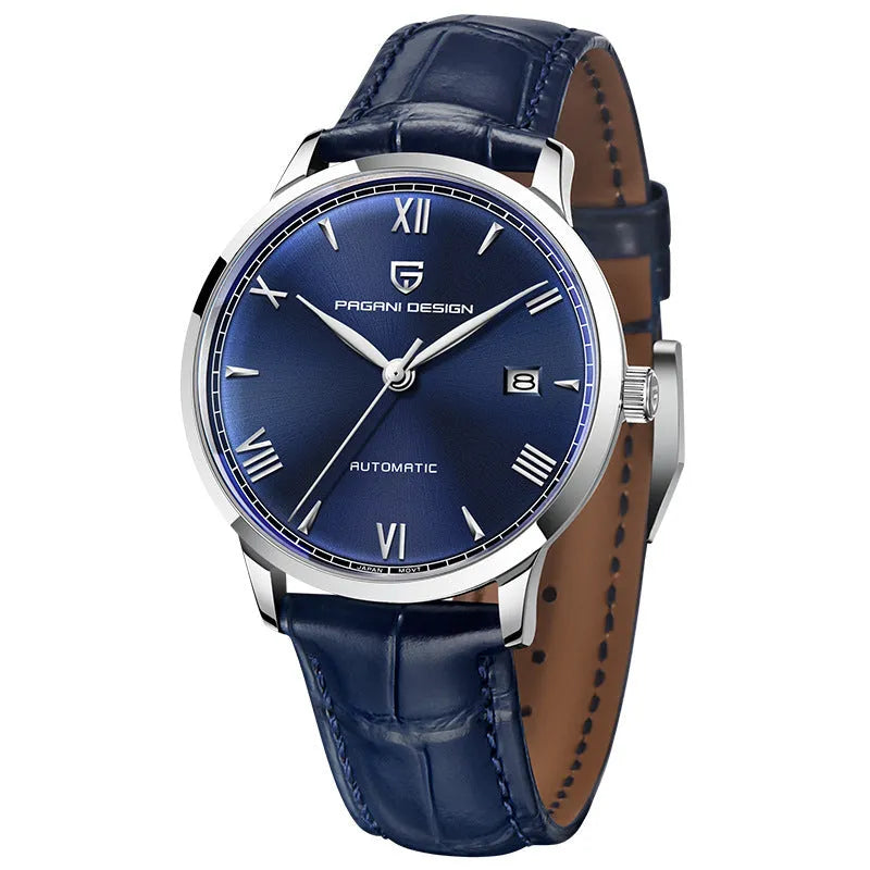Men's automatic mechanical watch 12mm black dial with leather strap on wrist