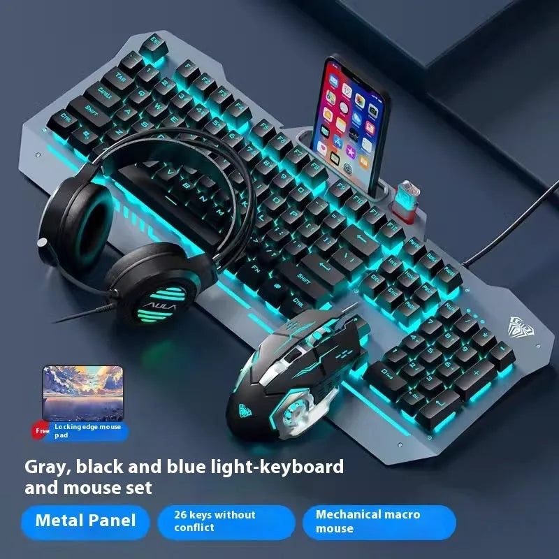 Metal mechanical keyboard bundle with gaming mouse, headset, and optional mouse pad on a desk.