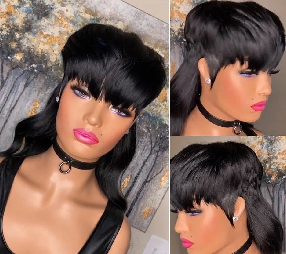 Brazilian wig with black front short back long bangs made from high-temperature fibre