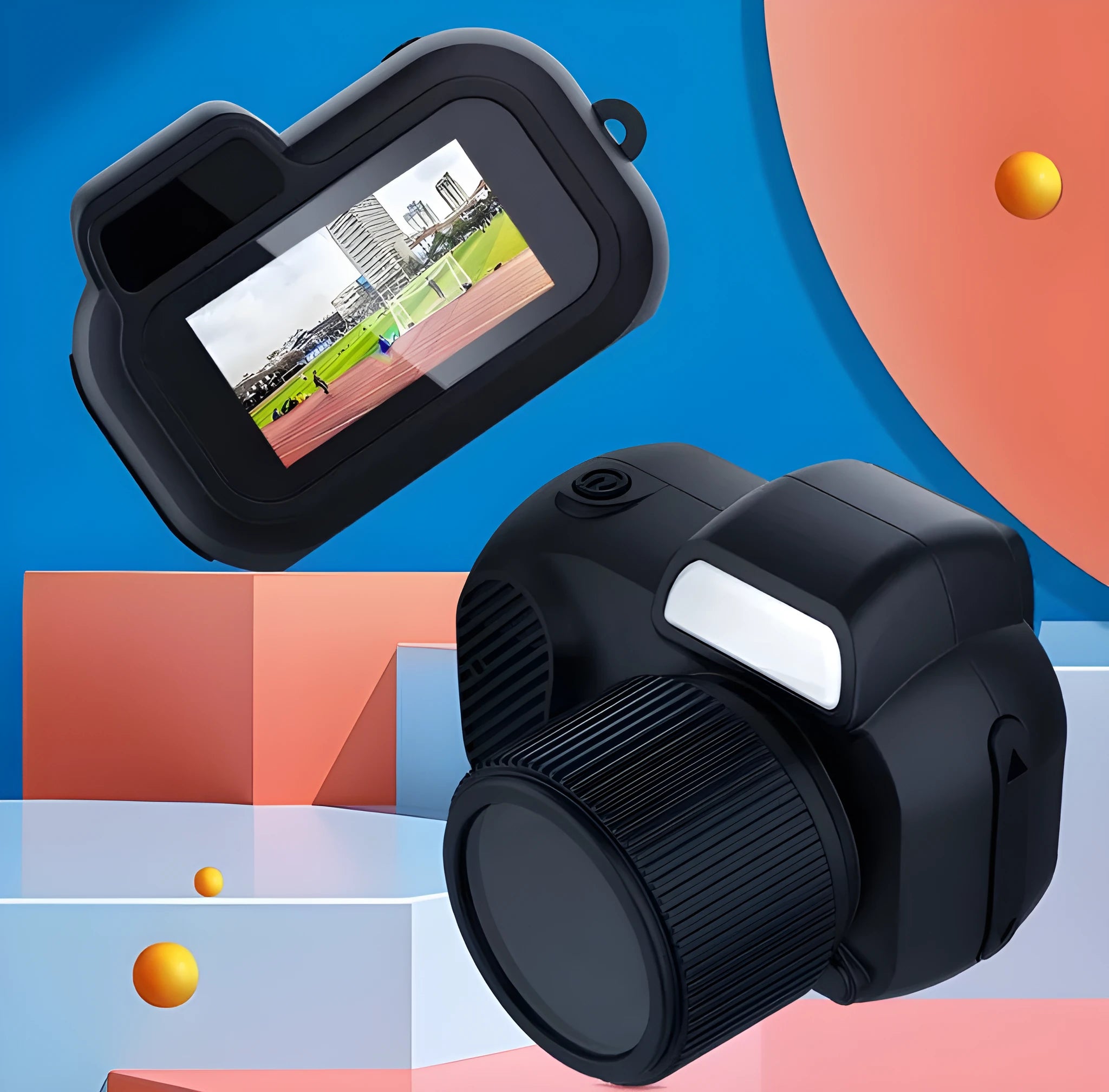 Black Y3000 HD compact outdoor sports camera with small LCD screen on front.