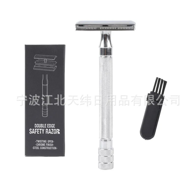 Traditional manual pogonotomy metal razor with brush in black or silver finish