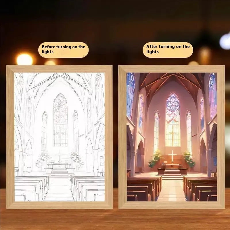 Rectangular LED photo frame light painting showing digital artwork with religious cross design