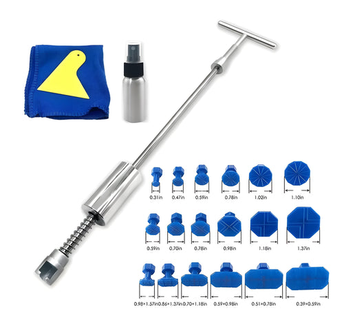 Automotive dent repair tool with T-shaped hammer and blue adhesive pads for car body panel repairs