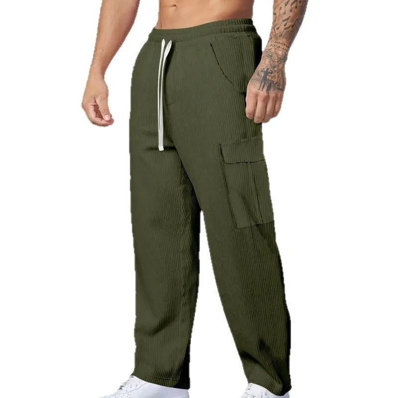 Men's corduroy cargo trousers in straight-leg wide-cut design with drawstring waist closure