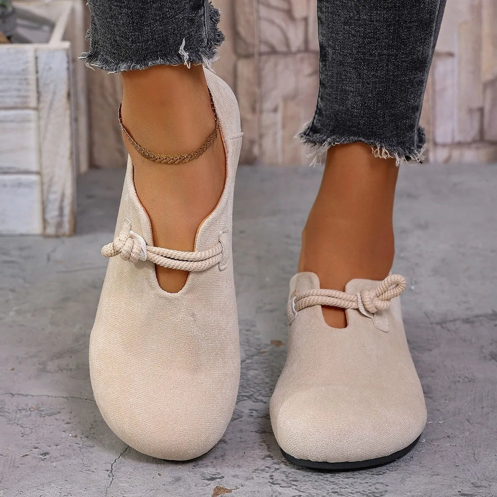 Round head slip-on full-cover solid colour suede flat shoes with flat heel and rubber sole