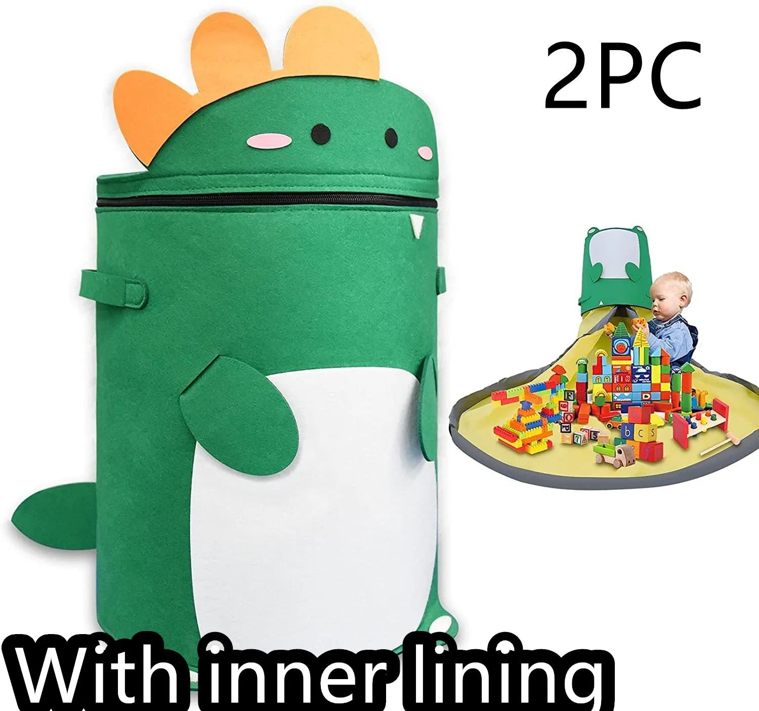 Green felt cube storage bag open as play mat with pull rope closure for toy organisation