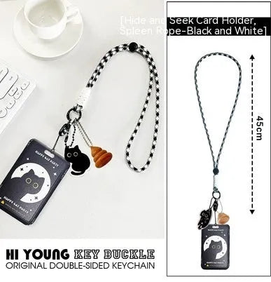 Cute little black cat cartoon design plastic card holder with metal pendant attachment.