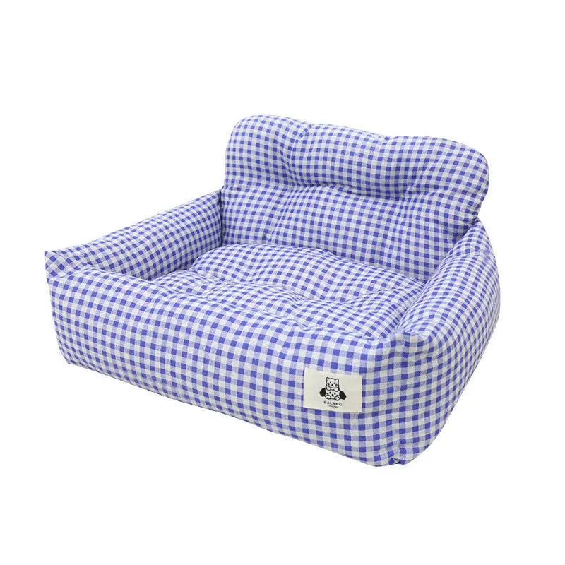 Grey and blue plaid cloth dog travel nest for car use, shown in two sizes.