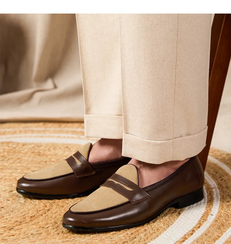 Coffee grey suede loafers with one-kick closure and rubber sole