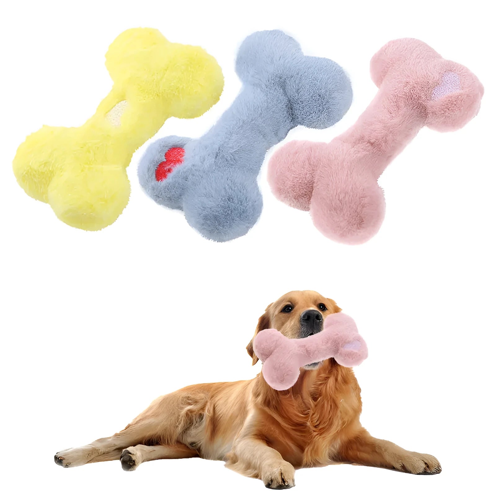 Soft blue plush love bone dog toy with a squeaker for interactive play.