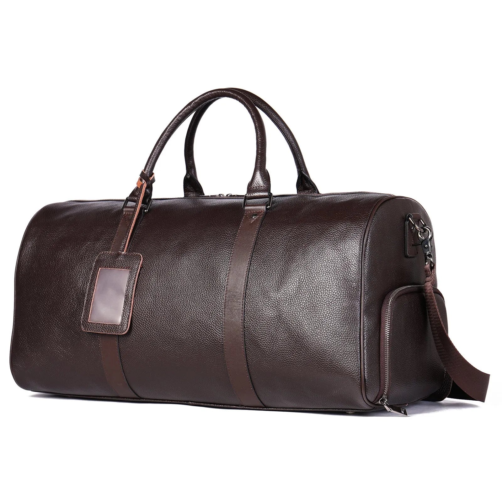 Men's leather tote bag in black and coffee colours showing 44cm and 55cm size options