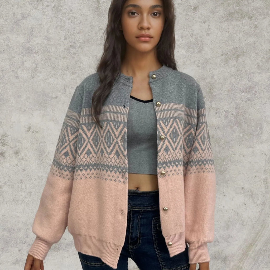 Women's red alpaca fleece cardigan with diamond knit pattern and contrast colour long sleeves