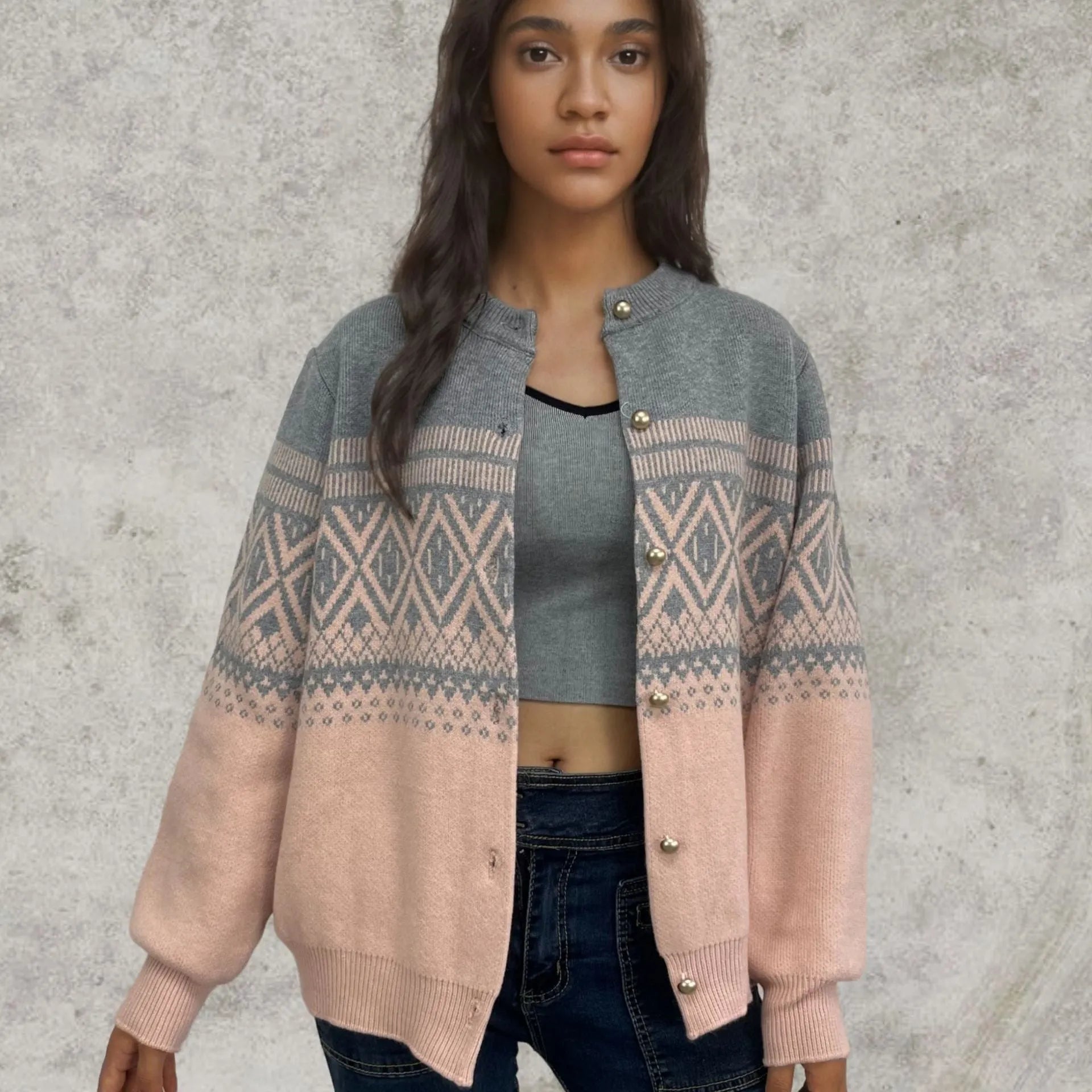 Women's red alpaca fleece cardigan with diamond knit pattern and contrast colour long sleeves