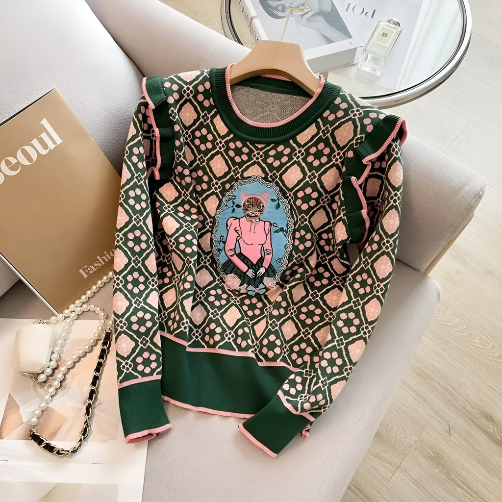 Women's green printed loose fit sweater with regular sleeves for casual commuting wear