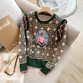 Women's green printed loose fit sweater with regular sleeves for casual commuting wear