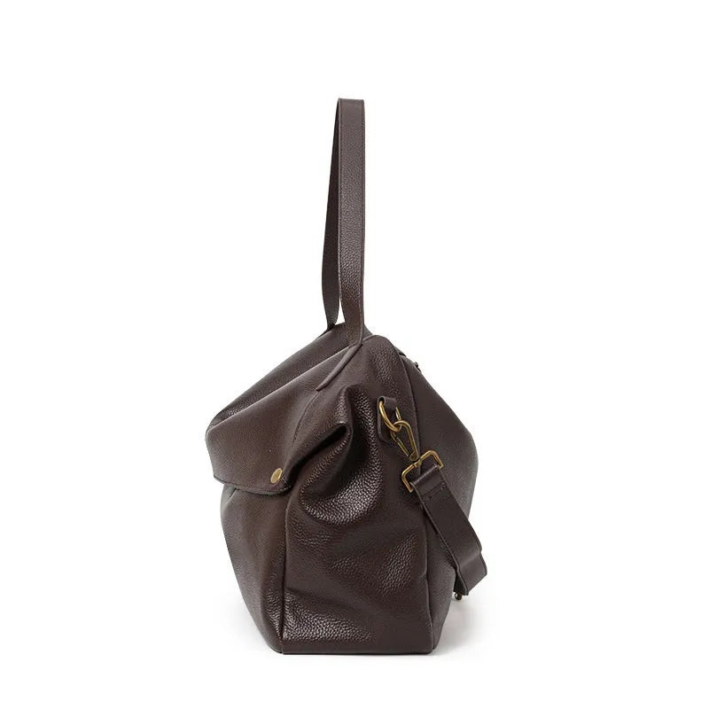 Brown genuine leather women's shoulder bag with horizontal square design