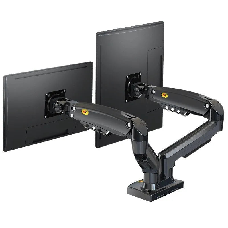 Dual screen monitor lifting bracket made of aluminium and black ABS plastic, showing VESA mount compatibility.