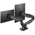 Dual screen monitor lifting bracket made of aluminium and black ABS plastic, showing VESA mount compatibility.