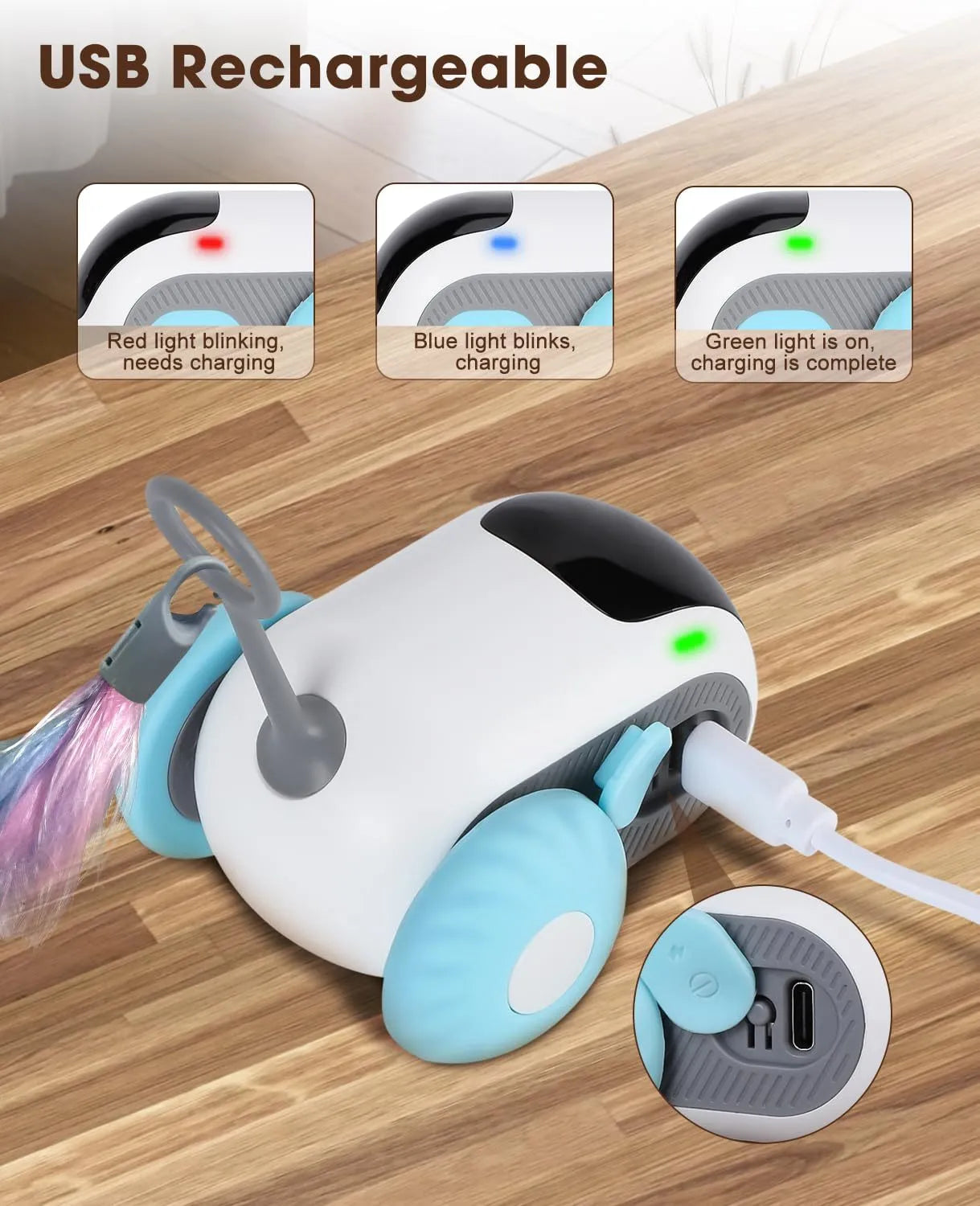 Smart interactive cat toy car with remote control and feather teaser attachment in blue colour