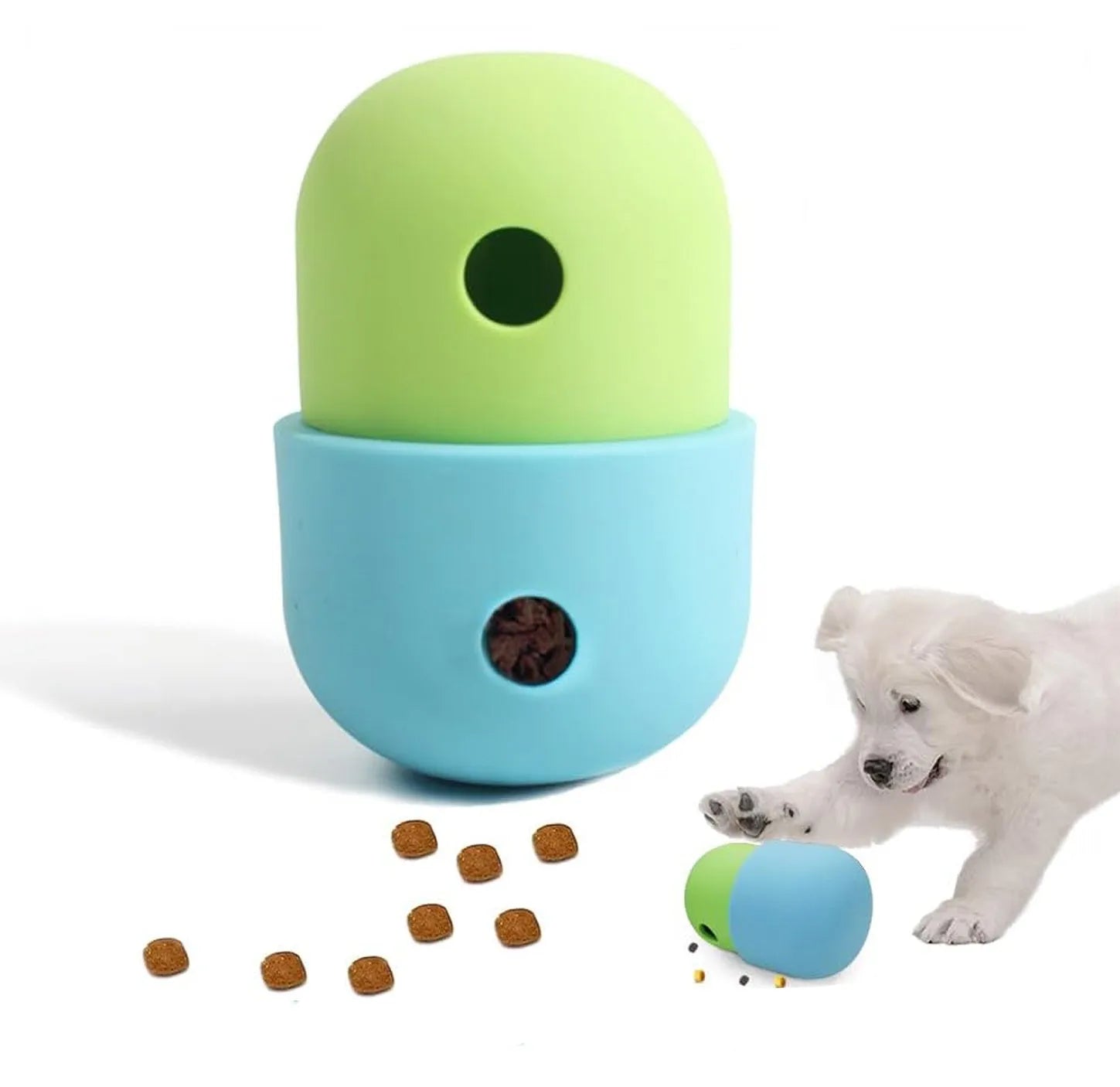 Food grade silicone dog treat puzzle ball in white with blue trim, measuring 8x11cm