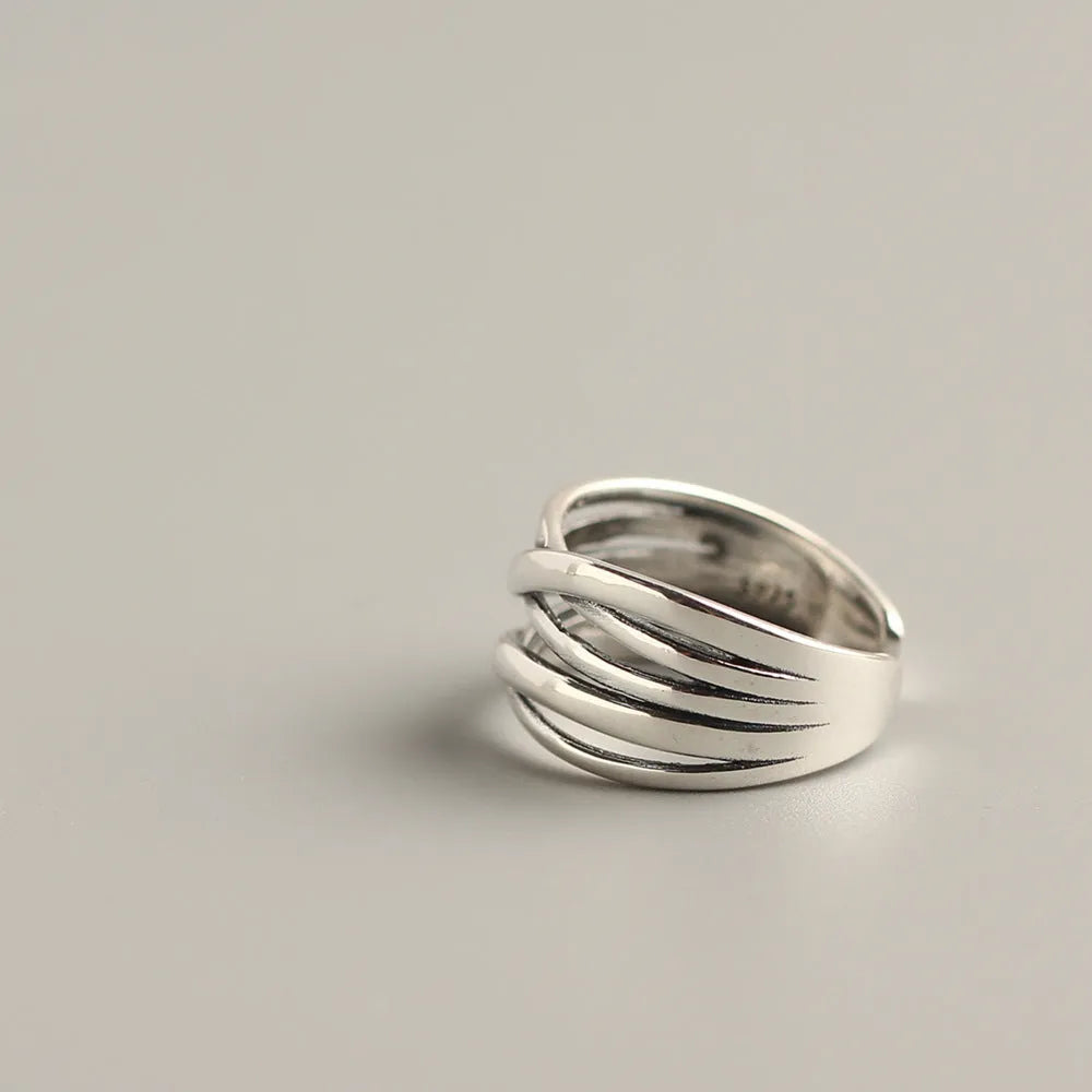 S925 sterling silver vintage weave ring for women in retro silver colour.