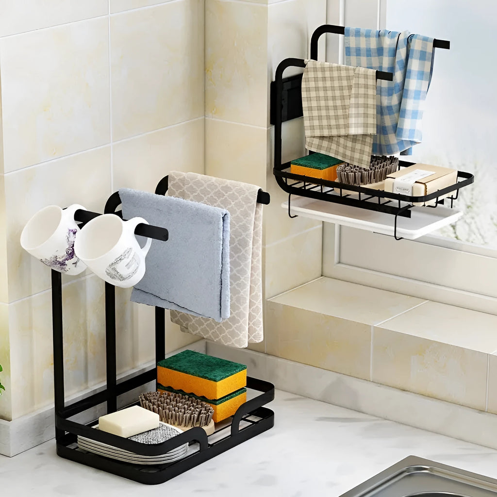 Foldable white plastic kitchen rack for draining cloths in new Chinese style, shown in wall-mounted and table-top use.