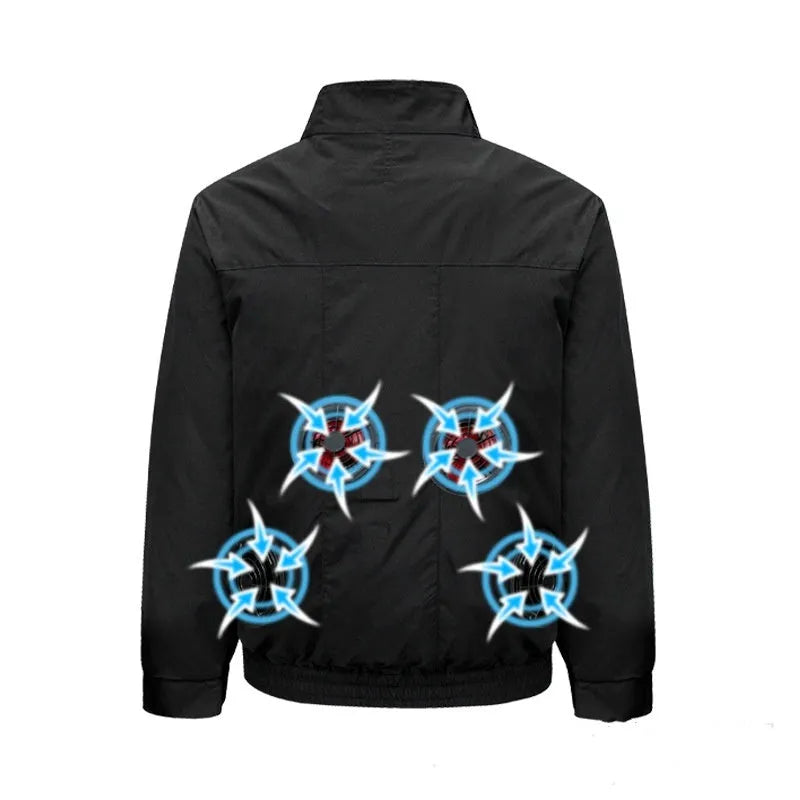 Men's black summer work jacket with multiple vent holes for a cooling fan system.