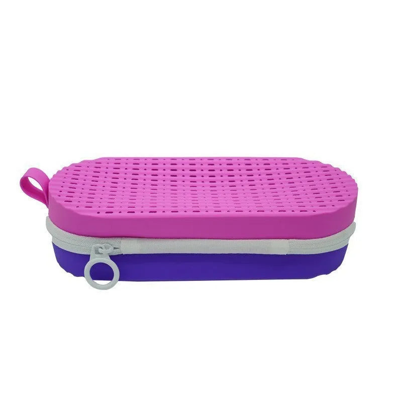 A soft silicone glasses case in a long hand shape, shown in a colour option like black or dark purple rose red.