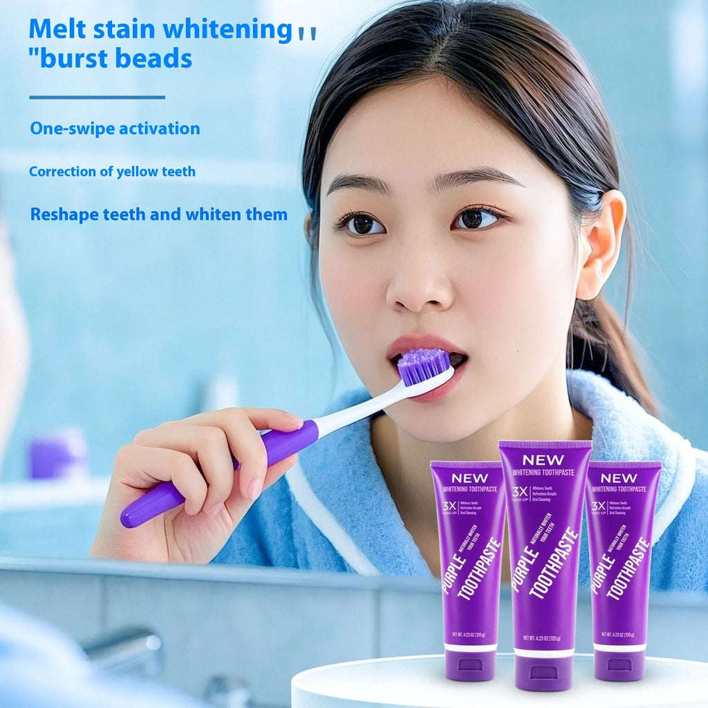 Purple whitening toothpaste in 120g and 65g tubes for adult yellow stain removal